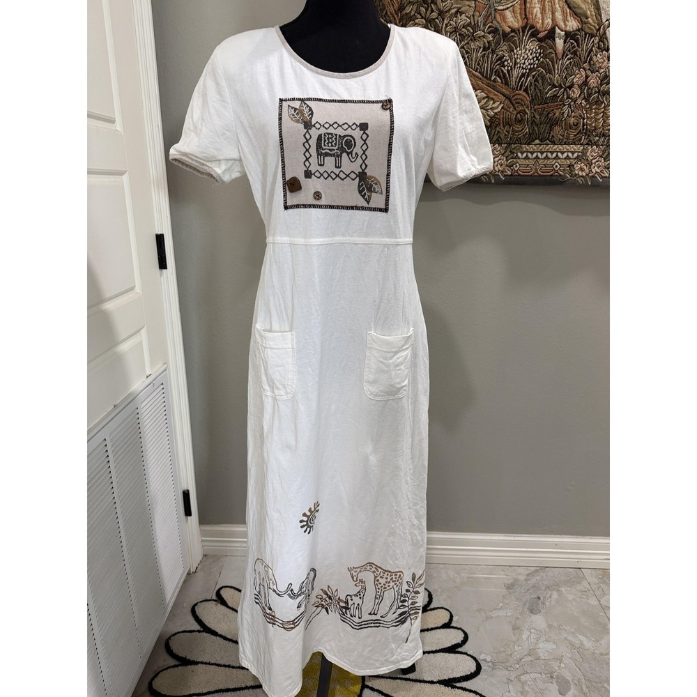 Nina Piccalino Dress Womens 6 White Safari Animal Print Maxi T-Shirt Pockets